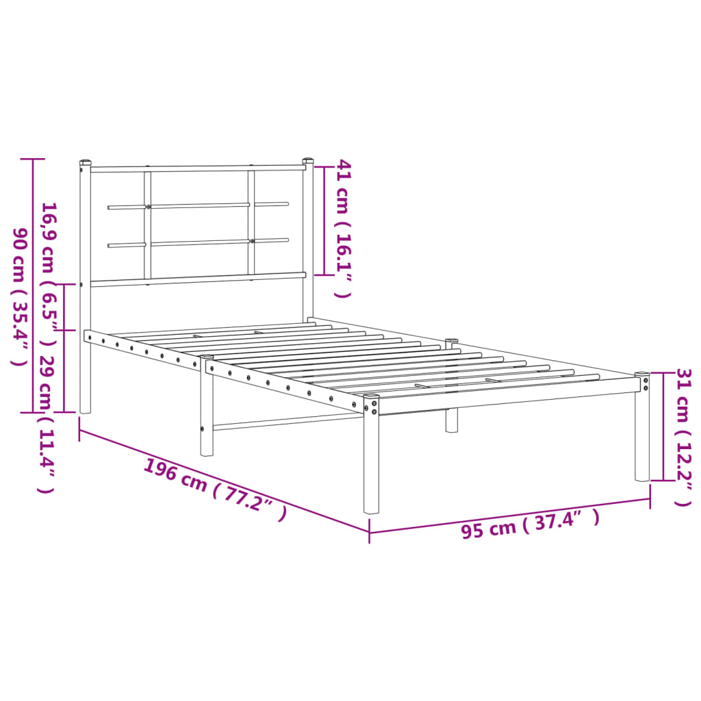 Metalni okvir za krevet s uzglavljem crni 90x190 cm