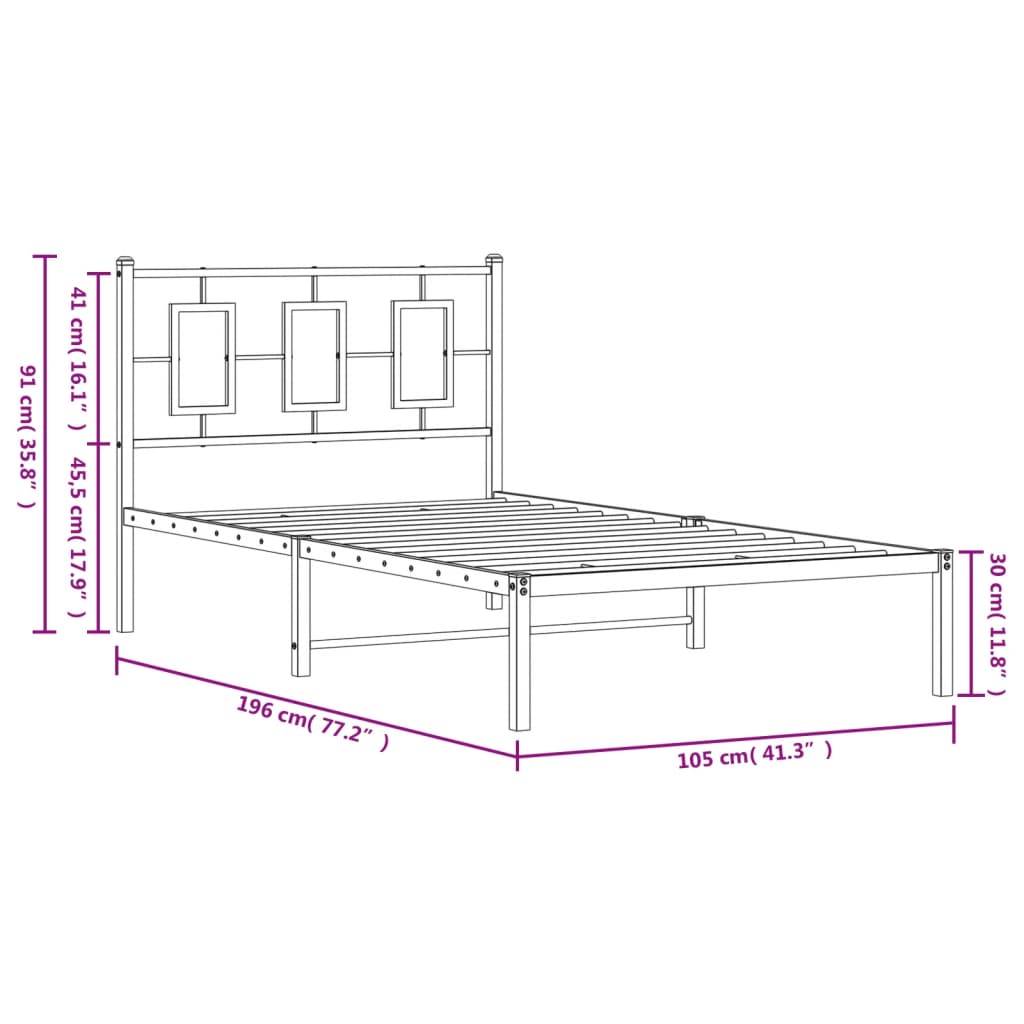 Metalni okvir za krevet s uzglavljem crni 100x190 cm