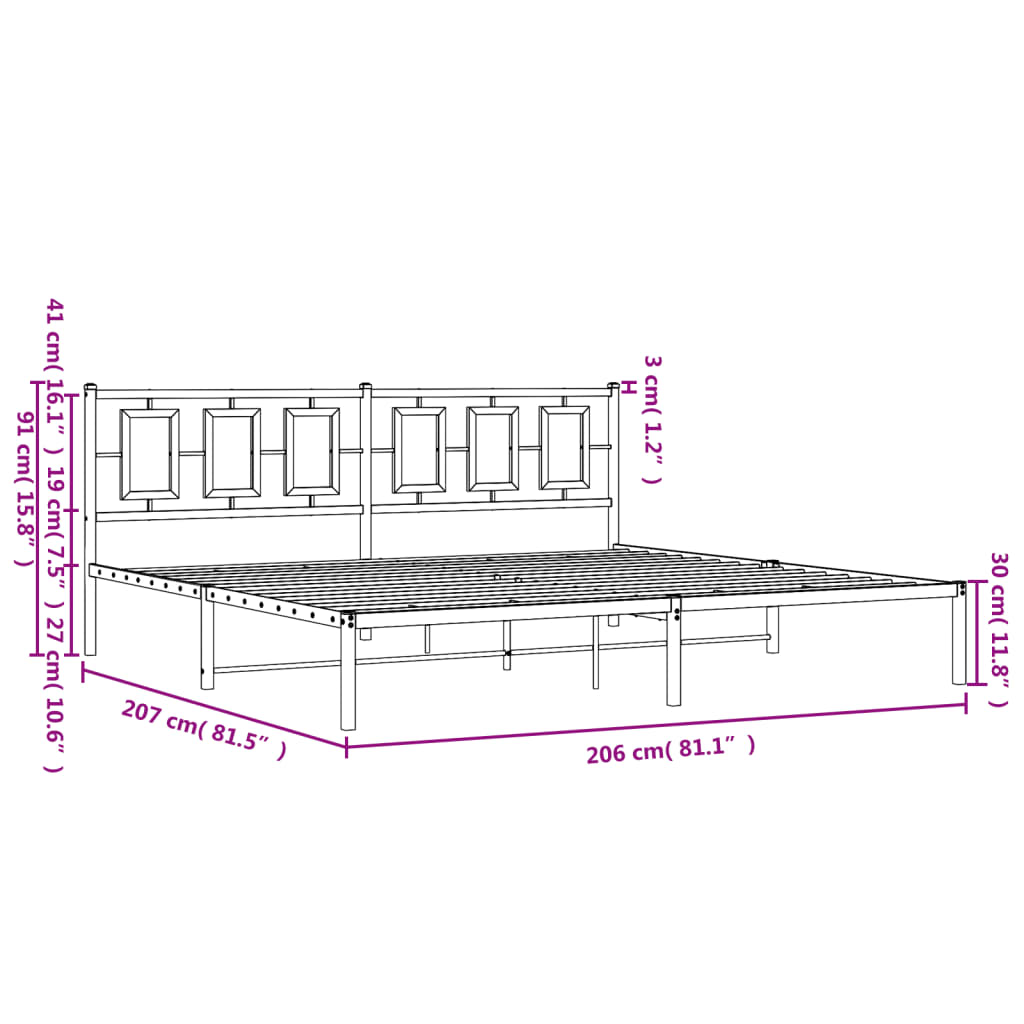 Metalni okvir za krevet s uzglavljem bijeli 200x200 cm