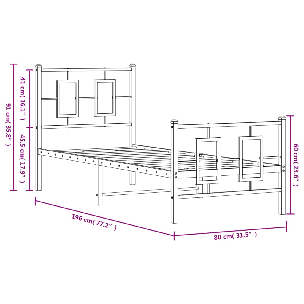 Metalni okvir kreveta uzglavlje i podnožje bijeli 75x190 cm