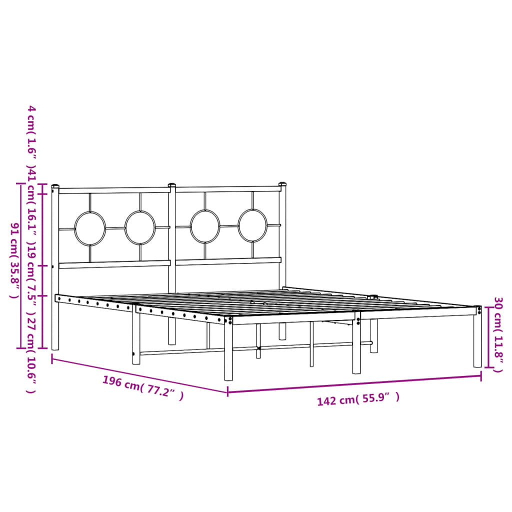 Metalni okvir za krevet s uzglavljem crni 135x190 cm