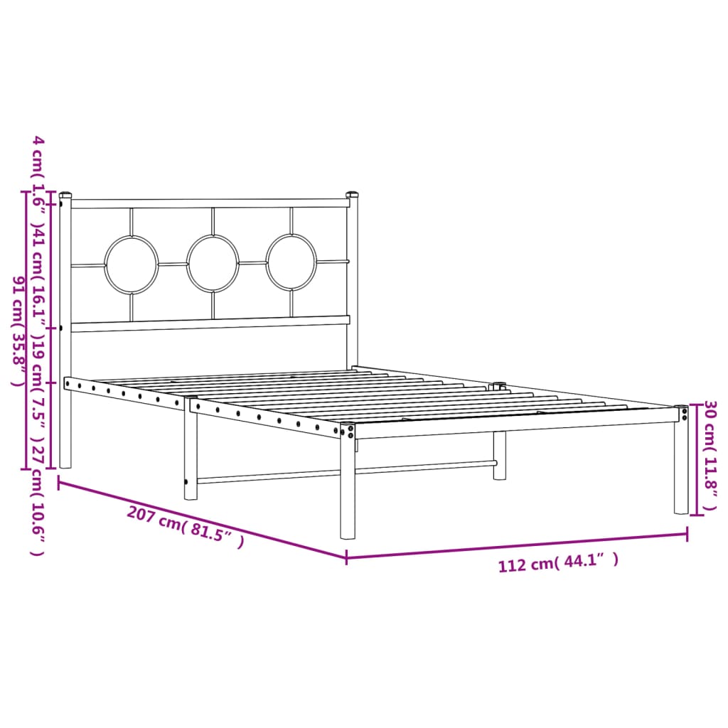 Metalni okvir za krevet s uzglavljem bijeli 107x203 cm
