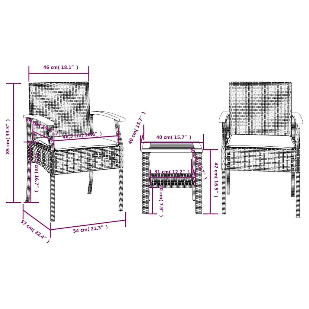3-dijelni bistro set s jastucima poliratan i drvo bagrema bež