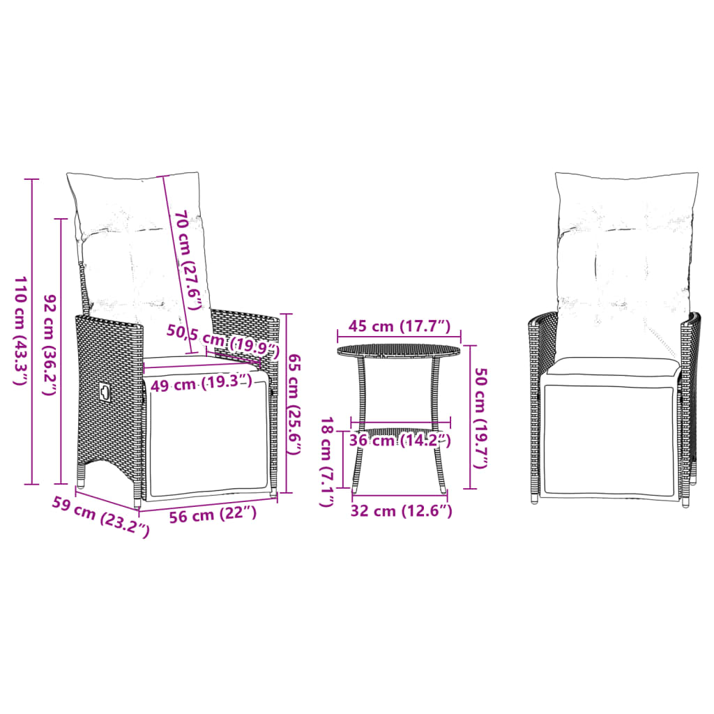 3-dijelni bistro set od poliratana s jastucima sivi