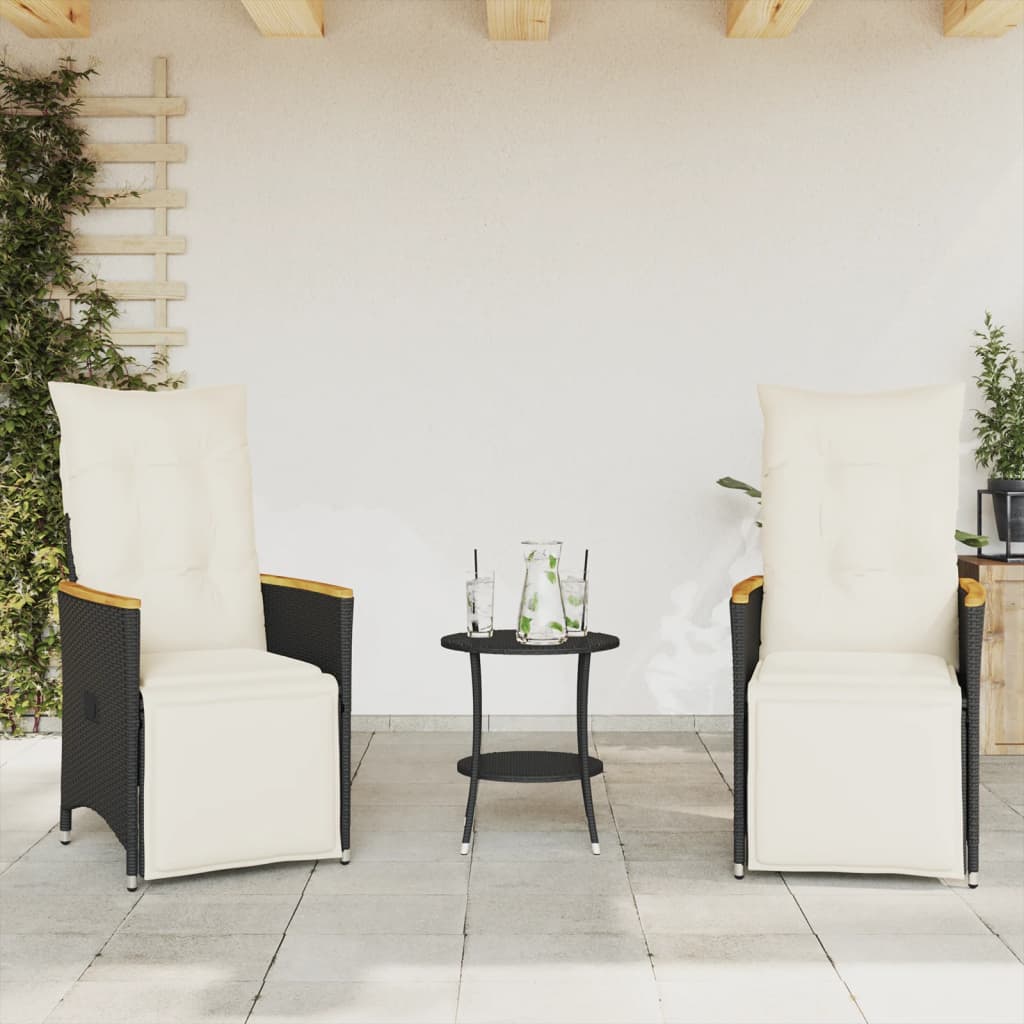 3-dijelni bistro set s jastucima crni od poliratana