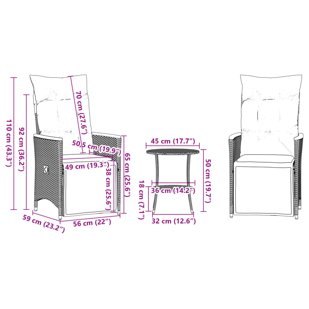 3-dijelni bistro set s jastucima crni od poliratana