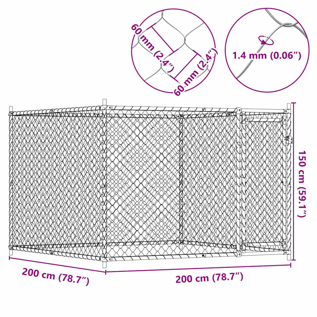 Kavez za pse s vratima sivi 2 x 2 x 1,5 m od pocinčanog čelika
