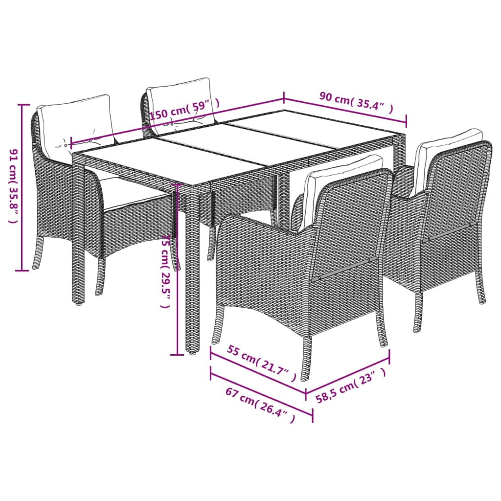 5-dijelni vrtni blagovaonski set s jastucima od poliratana crni Crna 150 cm table length