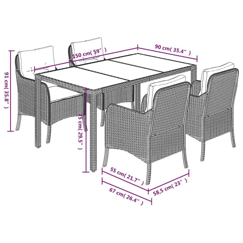5-dijelni vrtni blagovaonski set s jastucima od poliratana crni Crna 150 cm table length