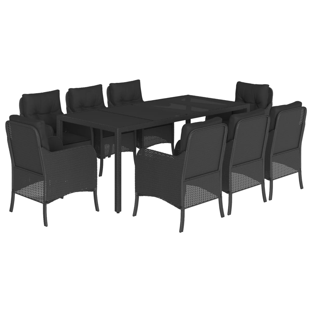 9-dijelni vrtni blagovaonski set s jastucima crni od poliratana Crna Dužina stola 190 cm