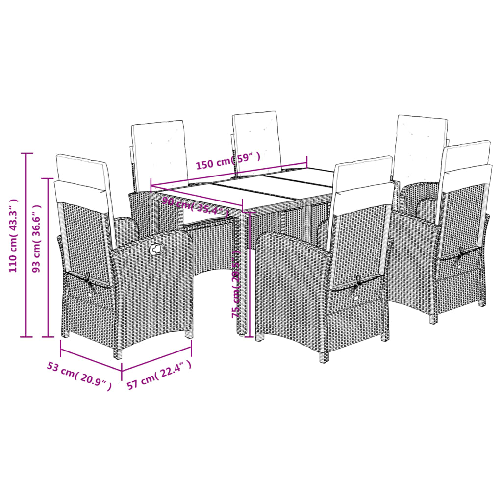 7-dijelni vrtni blagovaonski set sivi od poliratana Siva 150 cm table length