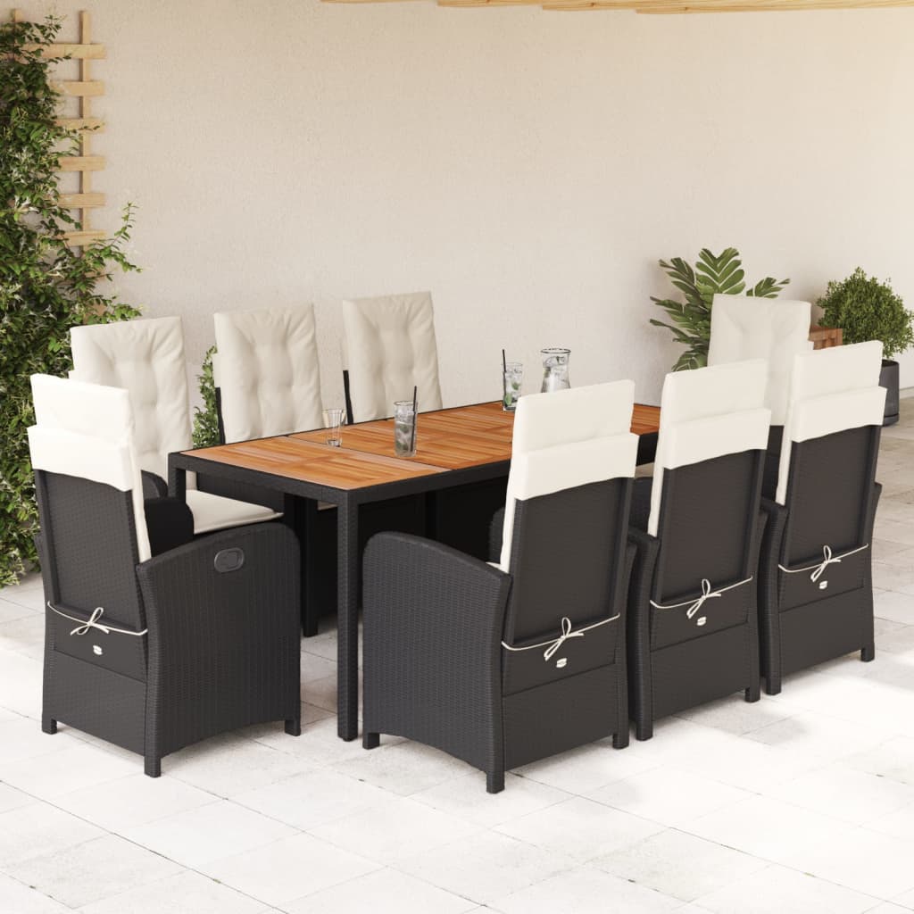 9-dijelni vrtni blagovaonski set s jastucima crni od poliratana Crna Dužina stola 190 cm