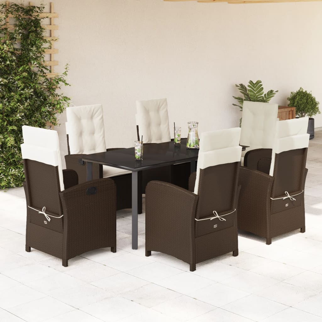 7-dijelni vrtni blagovaonski set s jastucima poliratan smeđi Smeđa 160 cm table length