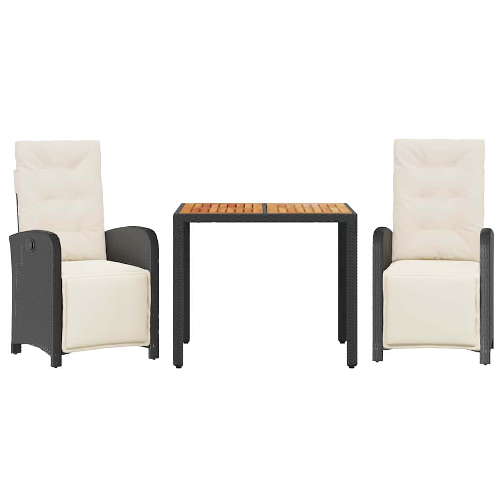 3-dijelni bistro set s jastucima crni od poliratana Crna Dužina stola 90 cm