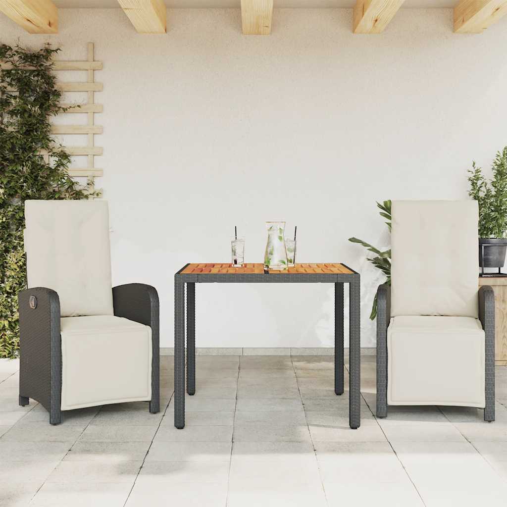 3-dijelni bistro set s jastucima crni od poliratana Crna Dužina stola 90 cm