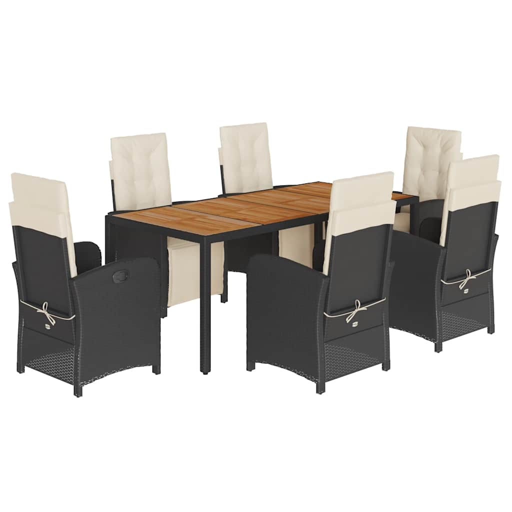 7-dijelni vrtni blagovaonski set s jastucima crni od poliratana Crna Dužina stola 190 cm