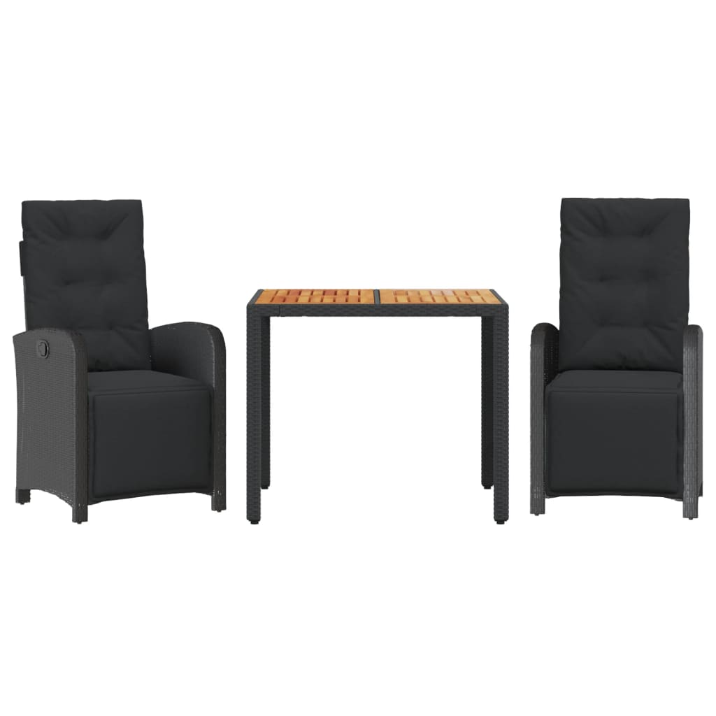 3-dijelni bistro set s jastucima crni od poliratana Crna Dužina stola 90 cm