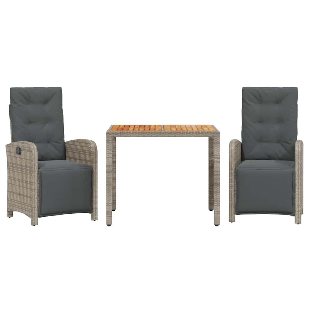 3-dijelni bistro set od poliratana s jastucima sivi Siva 90 cm table length