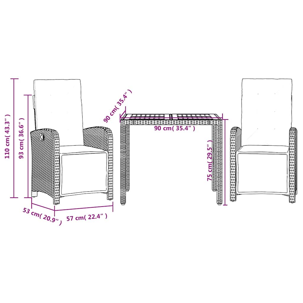 3-dijelni bistro set od poliratana s jastucima sivi Siva 90 cm table length