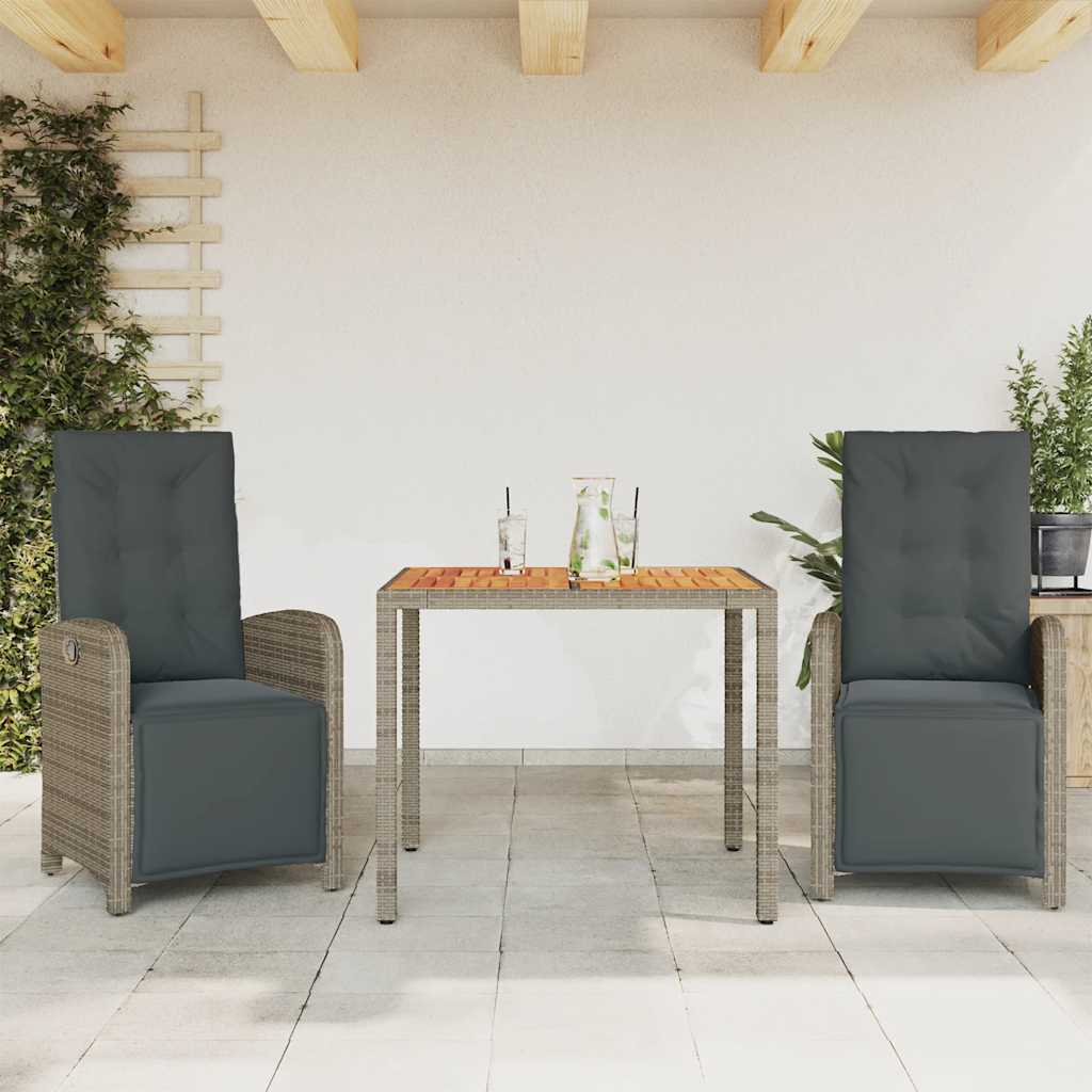 3-dijelni bistro set od poliratana s jastucima sivi Siva 90 cm table length