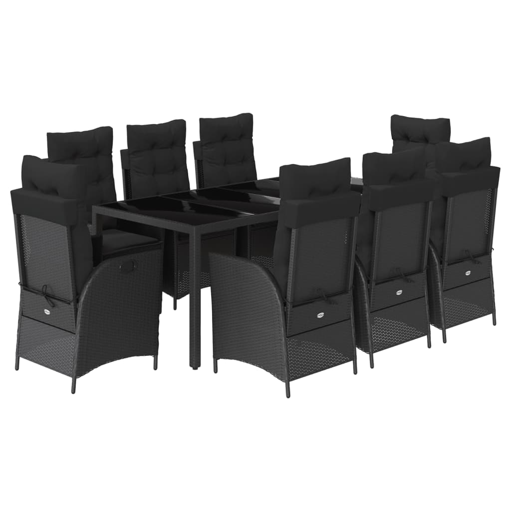 9-dijelni vrtni blagovaonski set s jastucima crni od poliratana Crna 190 cm table length