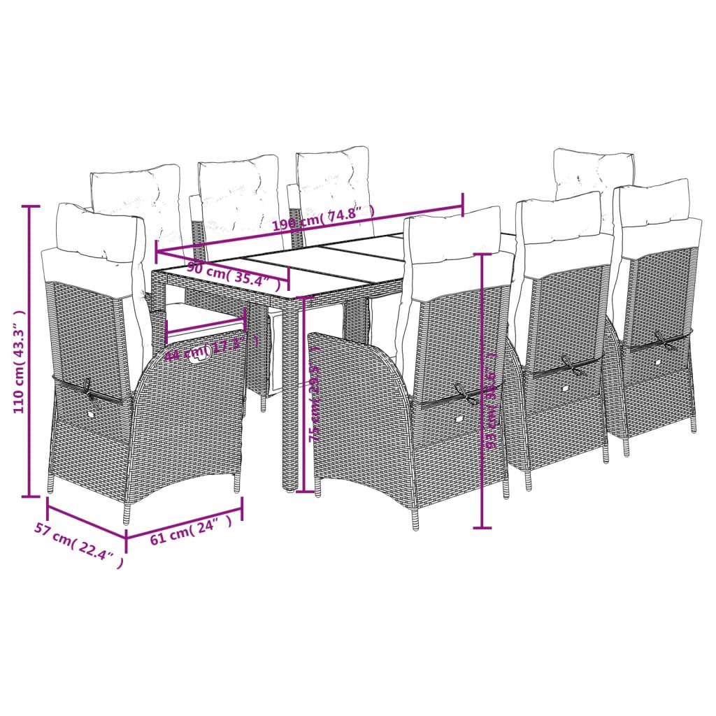 9-dijelni vrtni blagovaonski set s jastucima crni od poliratana Crna 190 cm table length