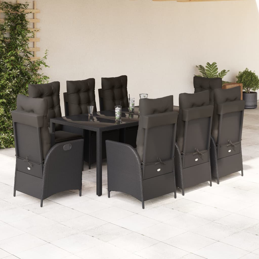 9-dijelni vrtni blagovaonski set s jastucima crni od poliratana Crna 190 cm table length