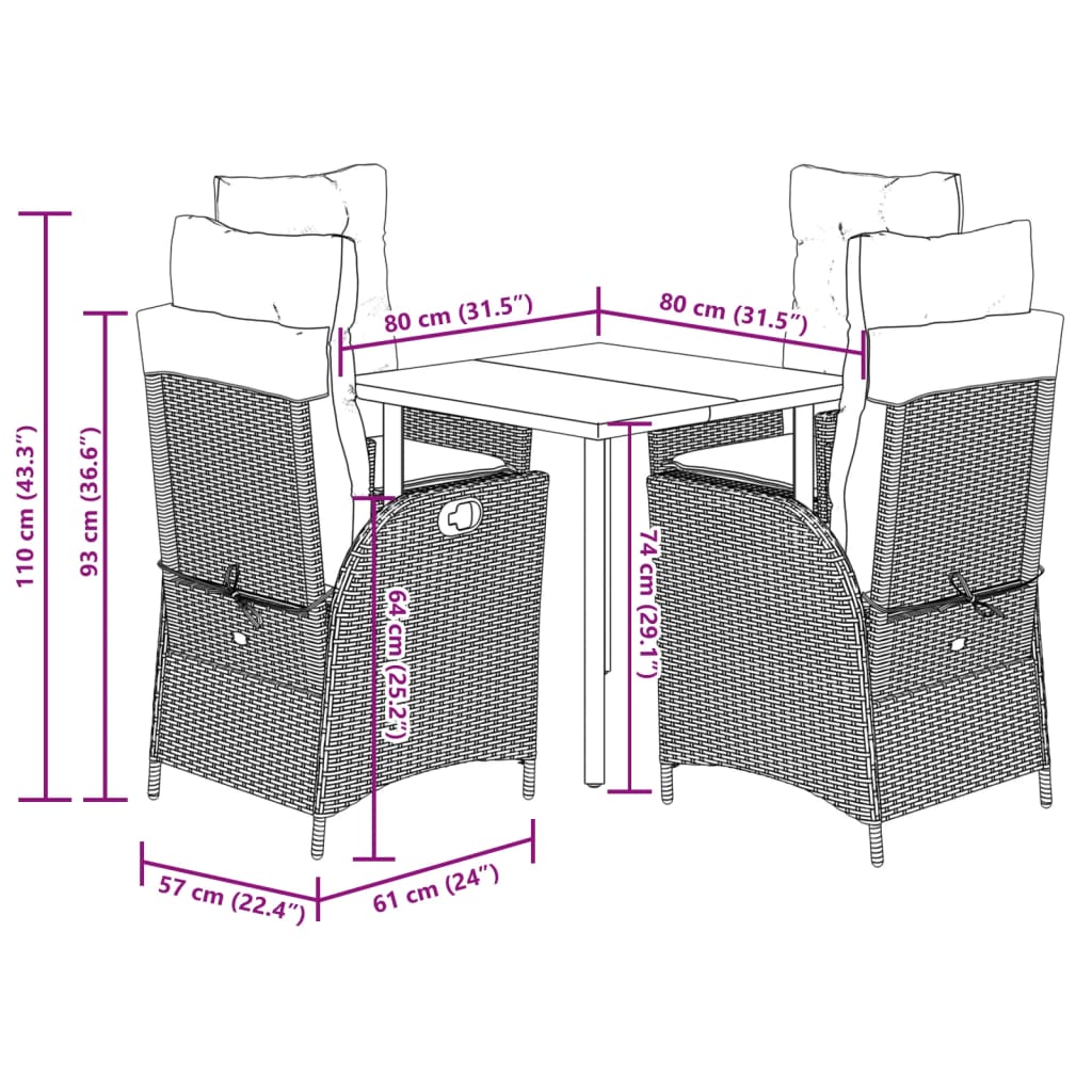 5-dijelni vrtni blagovaonski set od poliratana s jastucima sivi Siva 80 x 80 x 74 cm