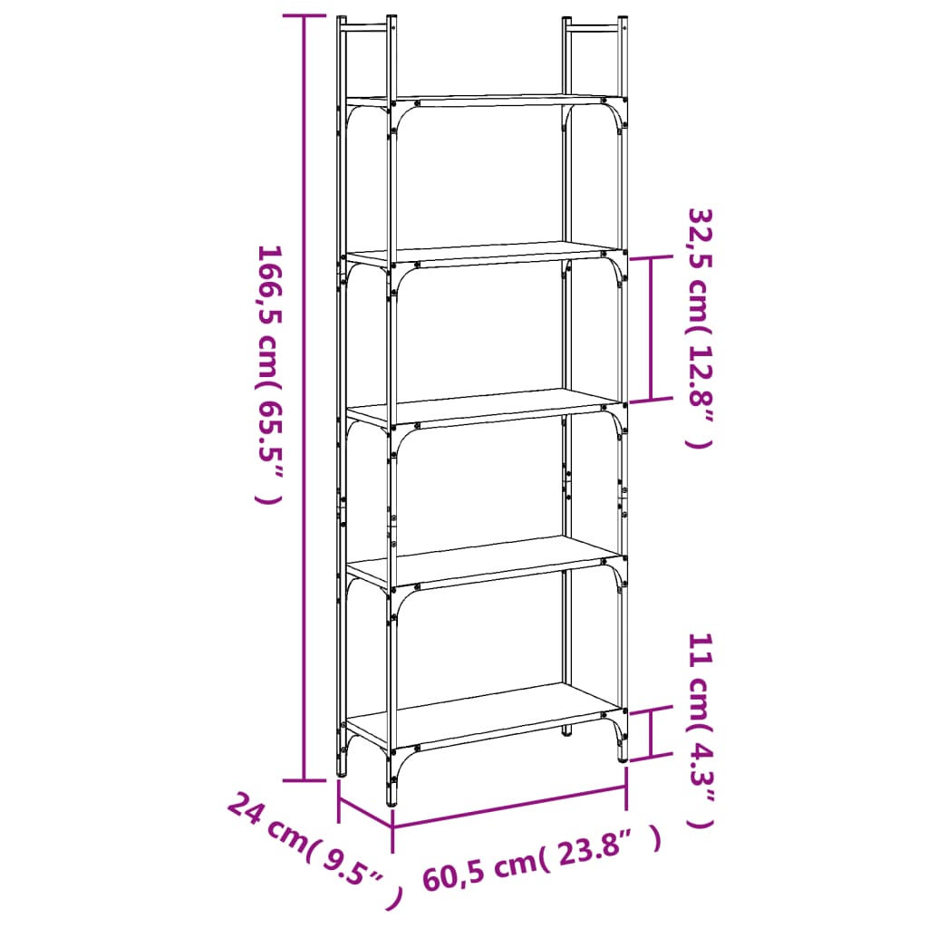 Police za knjige s 5 razina crne 60,5 x 24 x 166,5 cm drvene