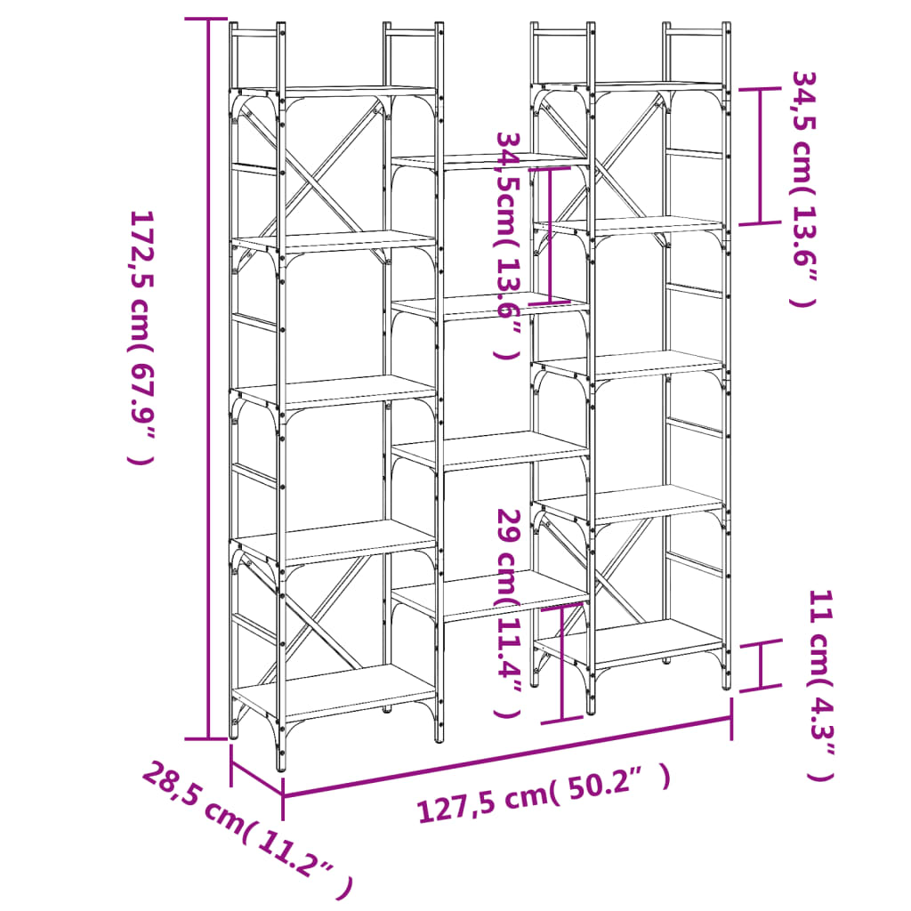Police za knjige siva boja hrasta 127,5x28,5x172,5 cm drvene