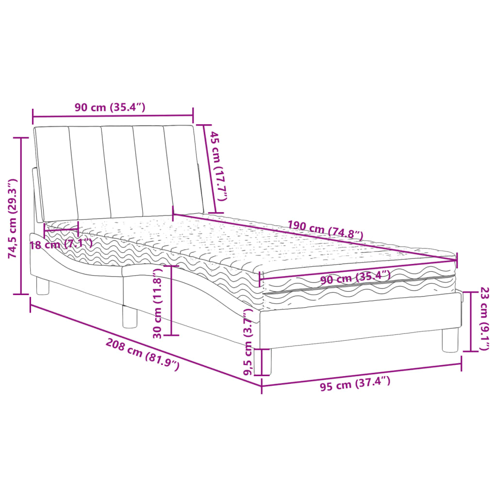 Krevet s madracem Hanko crni 90x190 cm baršunasti