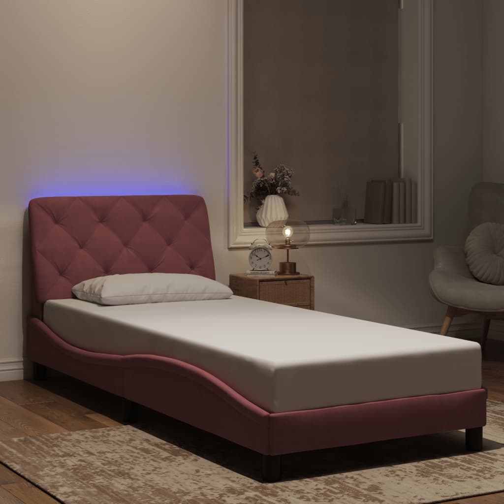 Okvir kreveta s LED-om bez madraca ružičasti 90 x 200 cm baršunasti