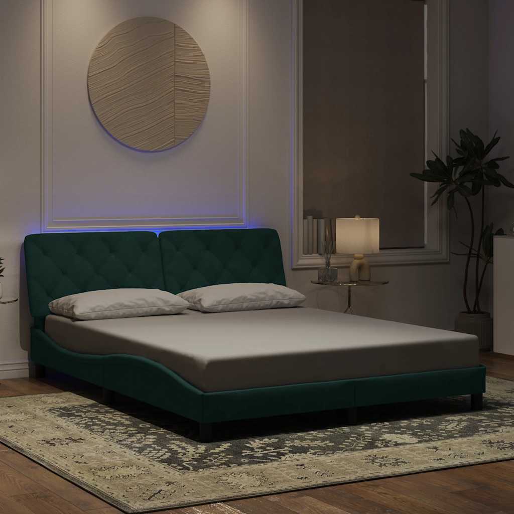 Okvir kreveta s LED-om bez madraca tamnozeleni 160x200 cm baršunasti