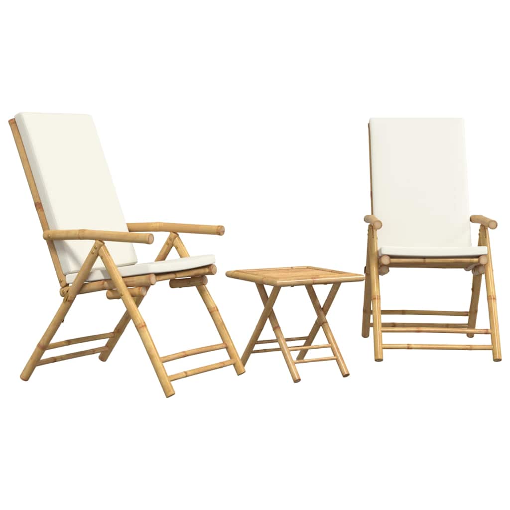 3-dijelni sklopivi bistro set s krem bijelim jastucima bambus