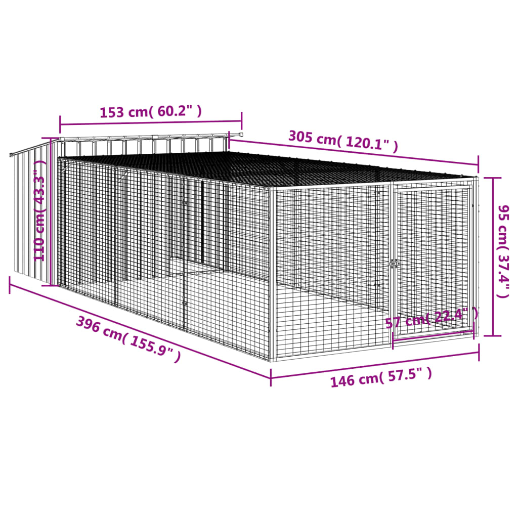 Kućica za pse s ograđenim prostorom antracit 153x396x110 cm pocinčani čelik