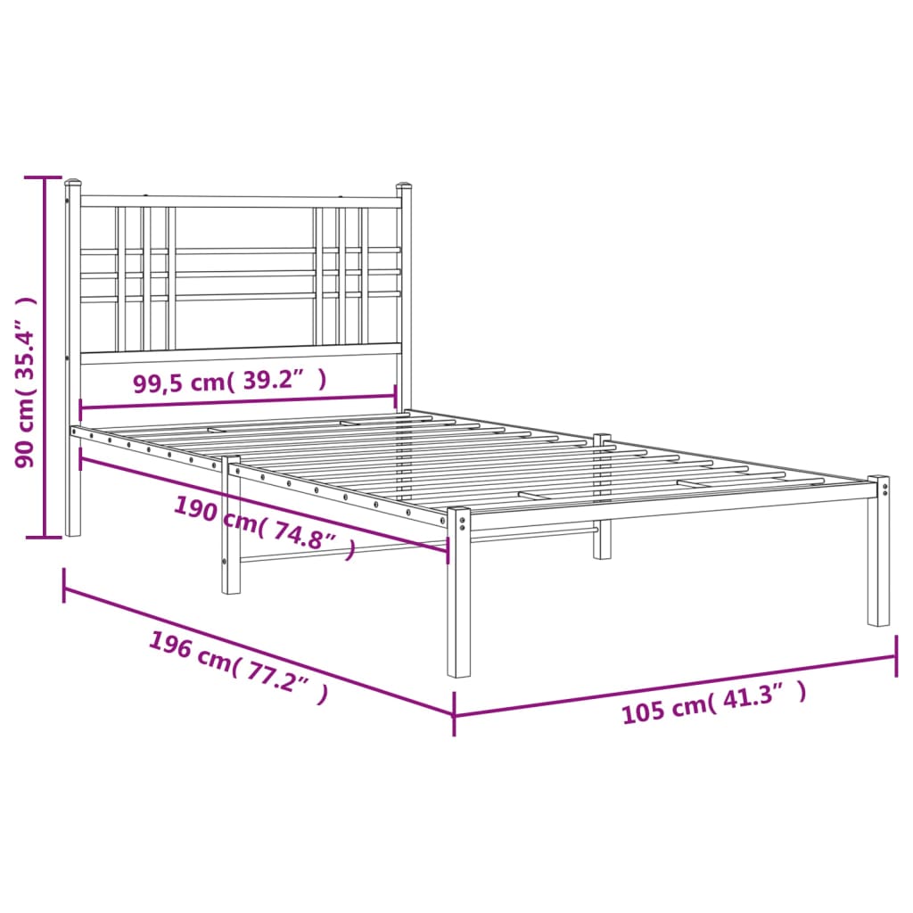 Metalni okvir za krevet s uzglavljem crni 100x190 cm