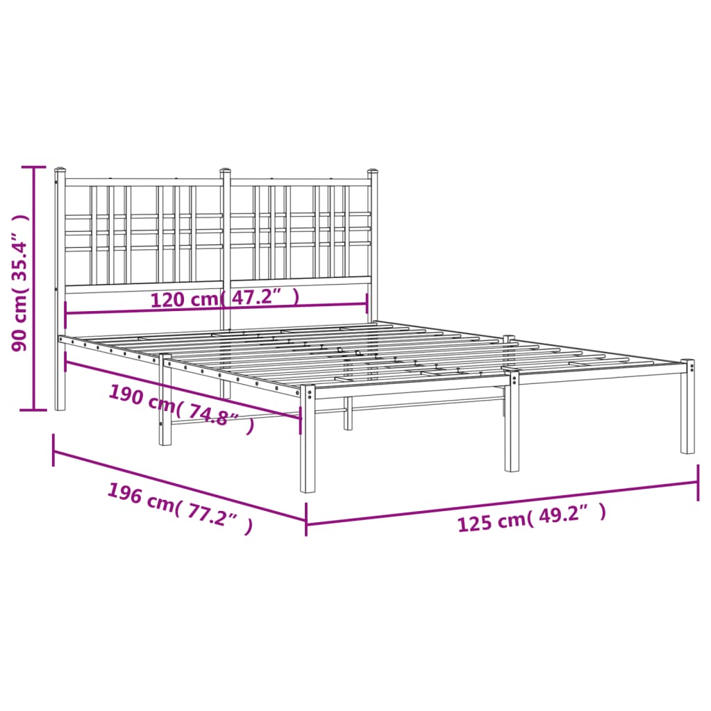 Metalni okvir za krevet s uzglavljem crni 120x190 cm