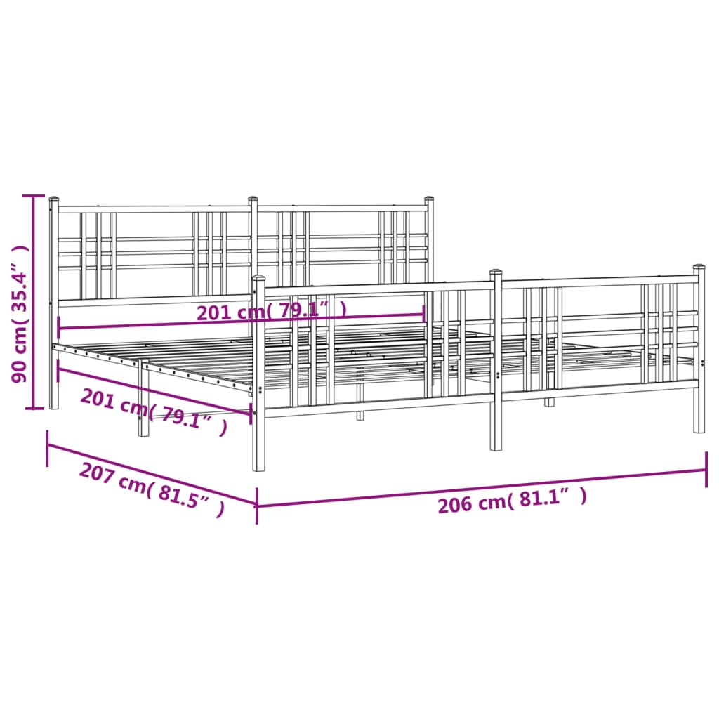 Metalni okvir kreveta uzglavlje i podnožje crni 200x200 cm