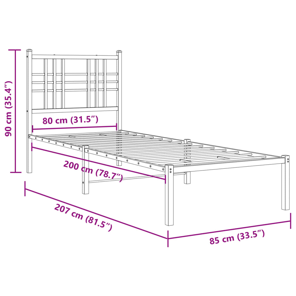 Metalni okvir za krevet s uzglavljem bijeli 80x200 cm