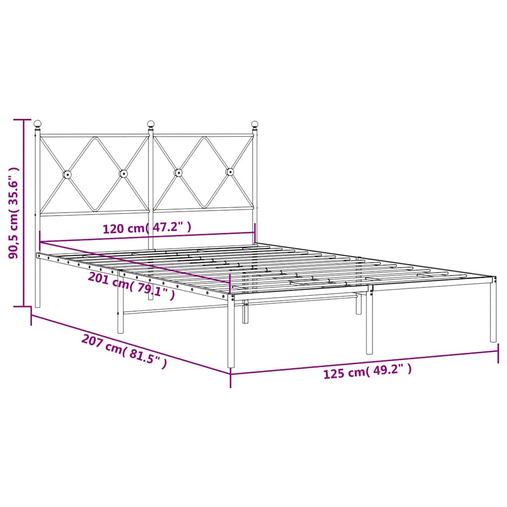 Metalni okvir za krevet s uzglavljem crni 120x200 cm