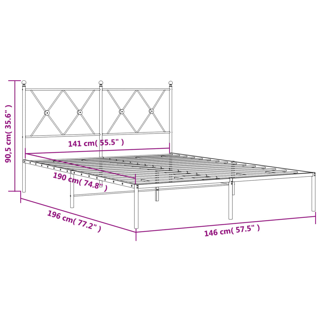 Metalni okvir za krevet s uzglavljem crni 140x190 cm