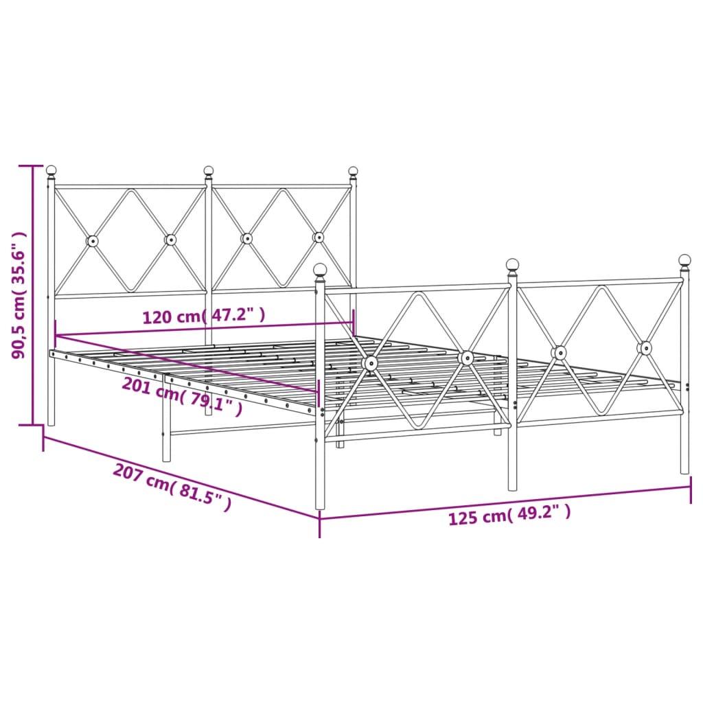 Metalni okvir kreveta uzglavlje i podnožje crni 120x200 cm