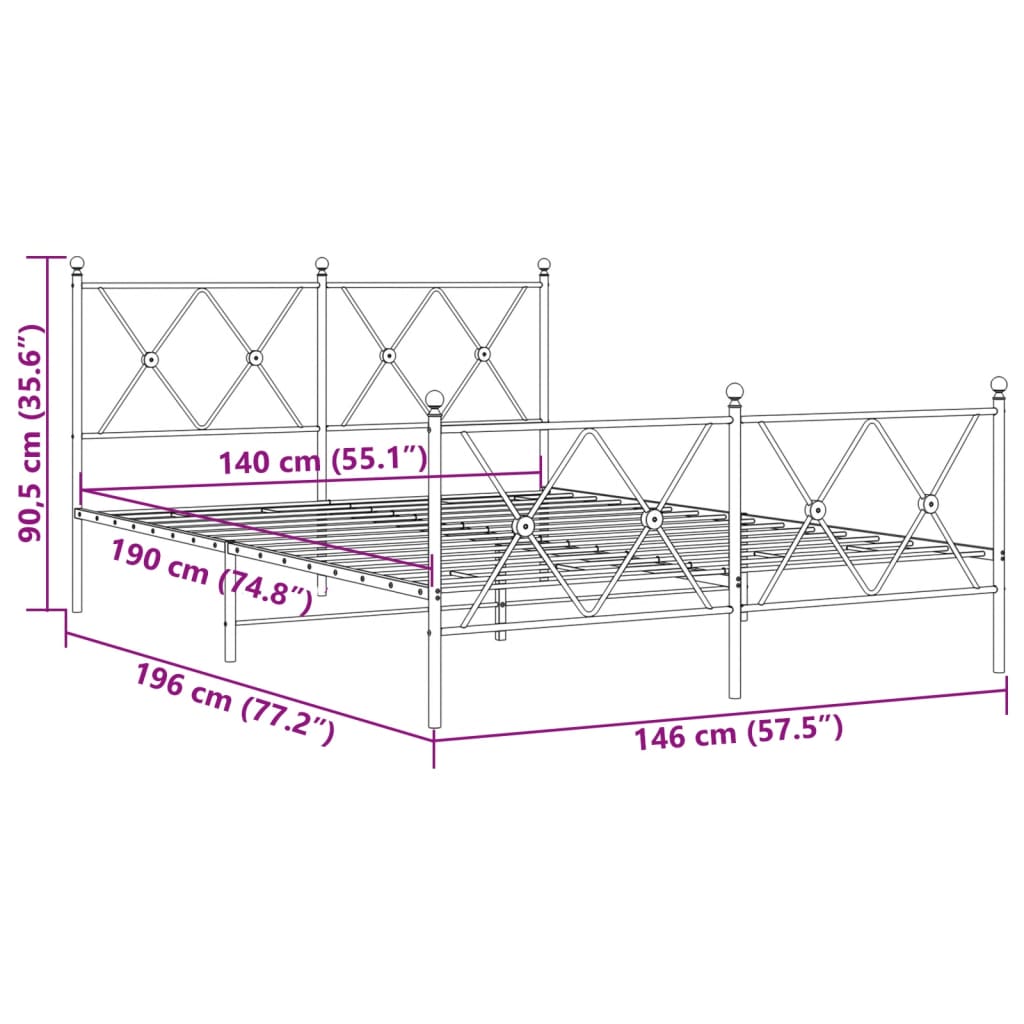 Metalni okvir kreveta uzglavlje i podnožje crni 140x190 cm