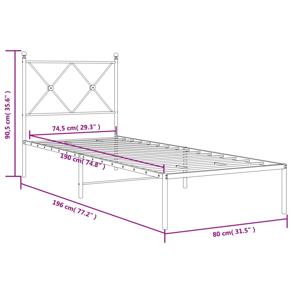 Metalni okvir krevet bez madraca s uzglavljem bijeli 75x190 cm