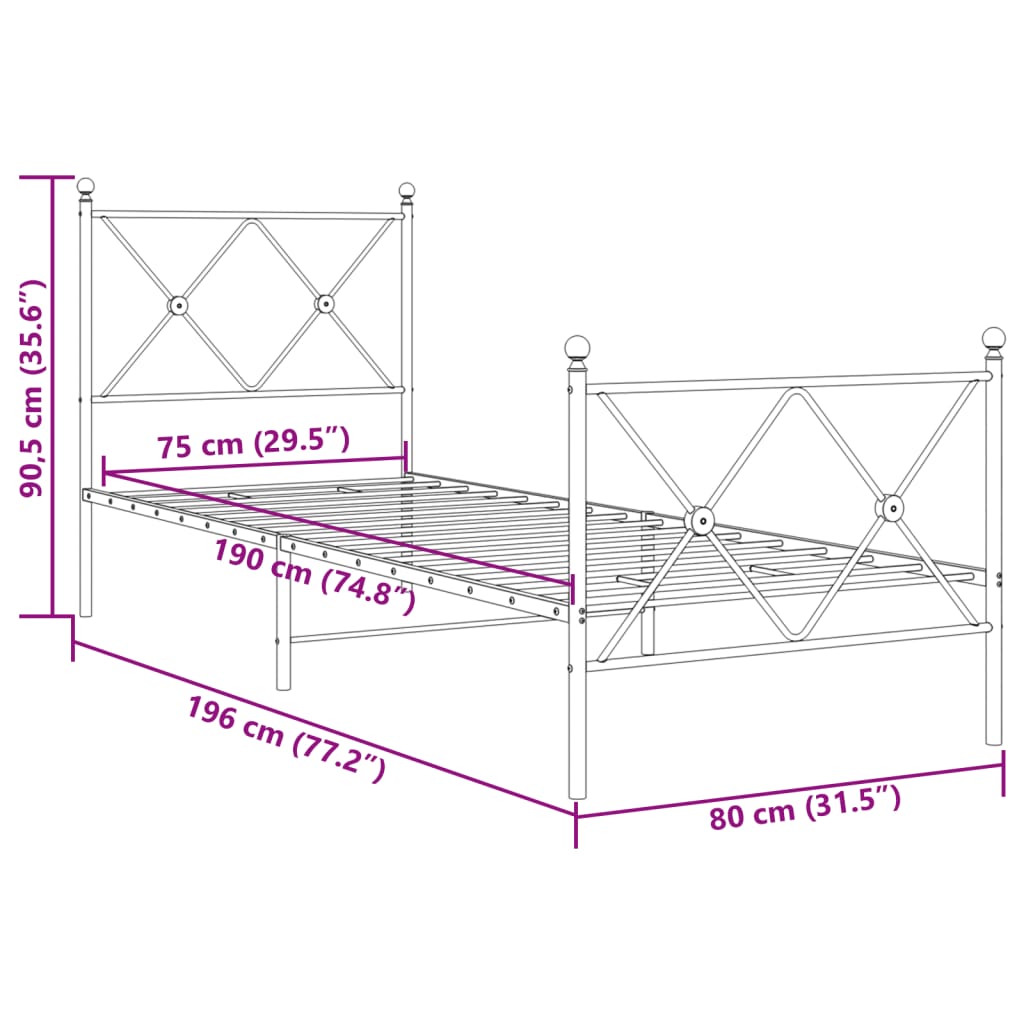Metalni okvir kreveta uzglavlje i podnožje bijeli 75x190 cm