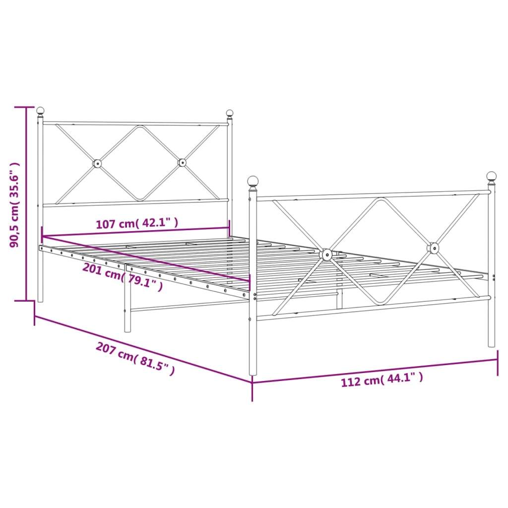 Metalni okvir kreveta uzglavlje i podnožje bijeli 107x203 cm
