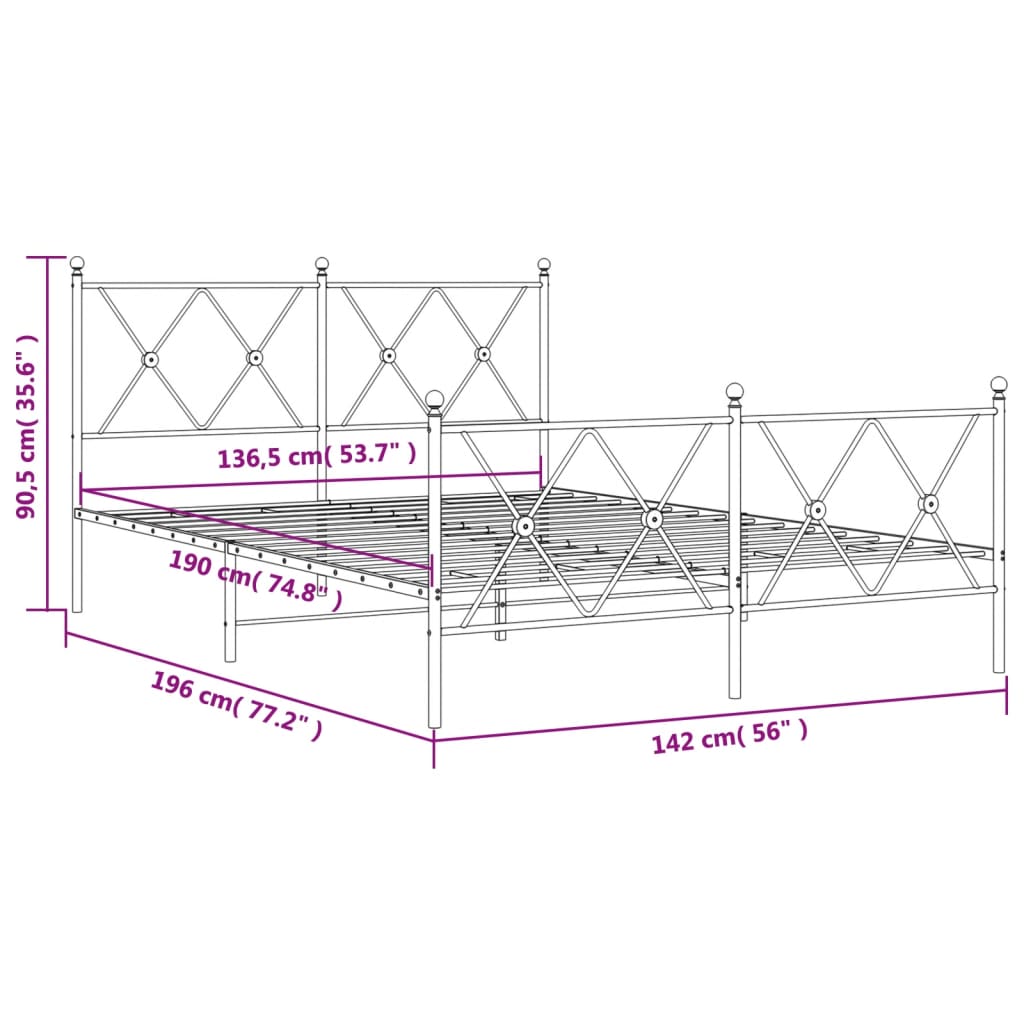 Metalni okvir kreveta uzglavlje i podnožje bijeli 137x190 cm