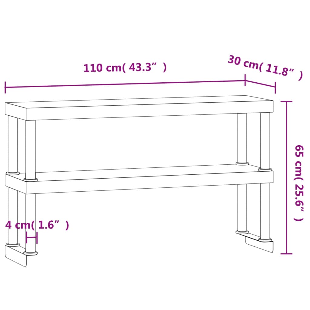 Polica za radni stol s 2 razine 110x30x65 cm nehrđajući čelik