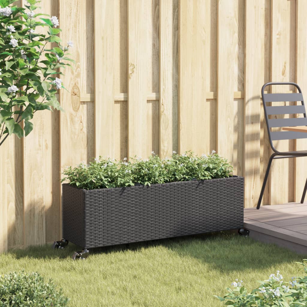 Vrtna sadilica s kotačima 3 posude crna 107x32x38 cm poliratan