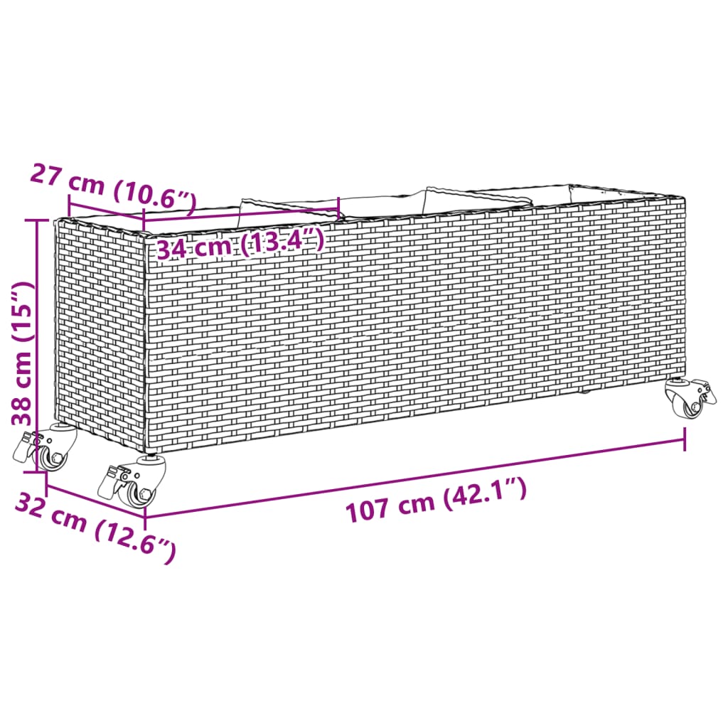 Vrtna sadilica s kotačima 3 posude crna 107x32x38 cm poliratan